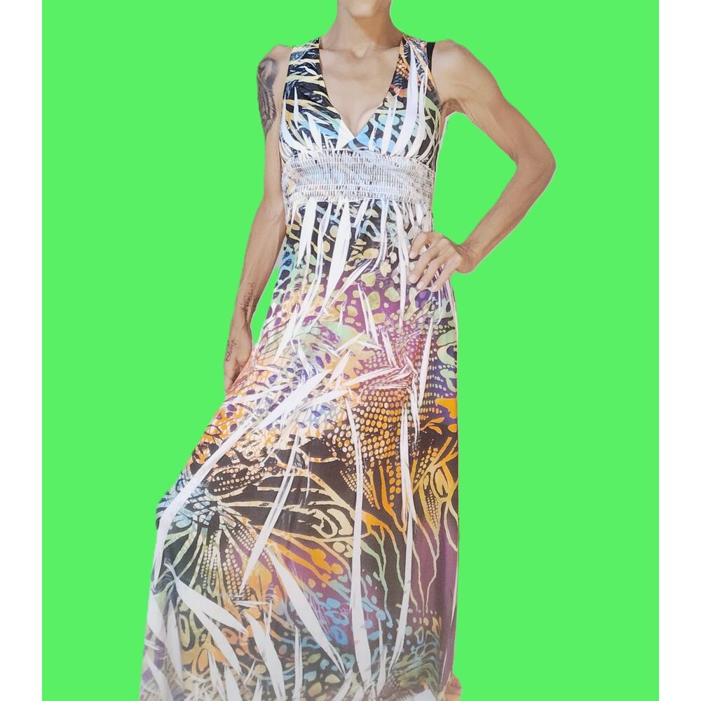 Color in Motion ~Rainbow Boho Maxi Dress ~ Small ~ Lace Butterfly Back